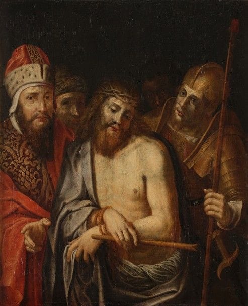 École FLAMANDE vers 1620,
suiveur de Michiel COXCIE
Ecce Homo
Panneau de chêne, une planche, non renforcé
51 x 42 cm
Restaurations anciennes
Au revers, ancienne attribution à l’atelier de Frans Francken