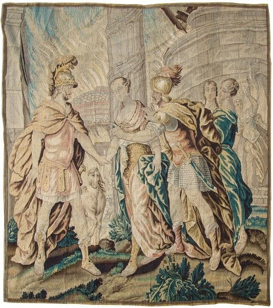 Fragment de tapisserie d’Aubusson en laine et soie, fin du XVIIe siècle
Pâris amenant Hélène à son père le Roi Priam
254 x 241 cm
Usures et restaurations visibles, accidents

Provenance :
Vente de Me Martin à Versailles, le 27 février 1966, n°160
