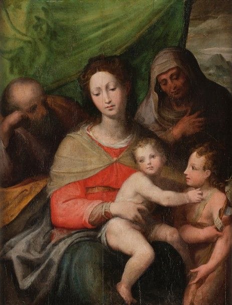Attribué à Alessandro CASOLANI (1552 - 1606)
Sainte famille avec saint Jean Baptiste et sainte Anne
Panneau de peuplier, renforcé
71 x 54,5 cm
Restaurations anciennes