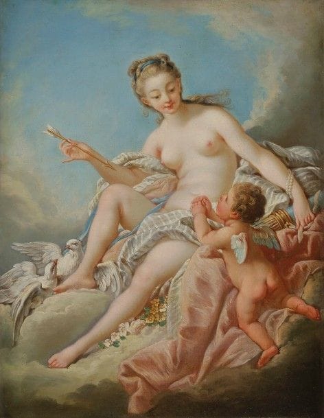 École FRANCAISE du XVIIIe siècle,
suiveur de François BOUCHER
Vénus et Cupidon 
L’amour désarmé
Paire de toiles
43 x 34 cm

Le second tableau est une reprise littérale de l’Amour désarmé de François Boucher, collection William Randolph Hearst (toile, 134 x 86,5 cm).

Provenance : 
Vente anonyme, Paris, Hôtel Drouot, 9 juin 1980 (Mes Laurin, Guilloux, Buffetaud, Tailleur), n° 3 et 4 (attribué à François Boucher).