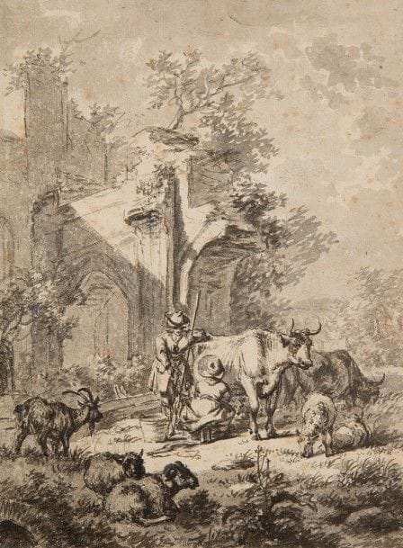 École française du XVIIIe siècle
Une paire : repos des bergers 
Lavis gris sur traits de crayon noir 
21 x 16,3 cm
Annoté J.Cals sur le montage 
Rousseurs