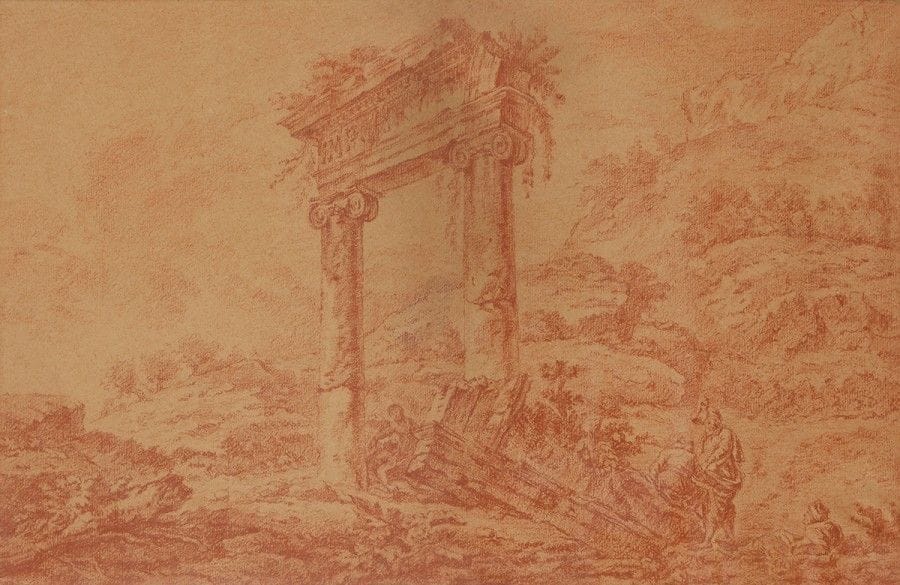 Attribué à Antoine Sauvage dit LEMIRE (1773-?)
Paysage de ruines au Moyen-Orient animées
Sanguine
(Insolé, tache au centre)
28 x 43 cm