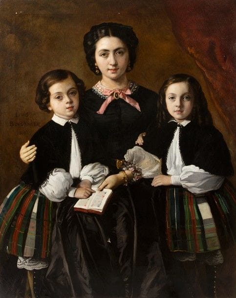 Louis BOULANGER
(Vercelli 1806 - Dijon 1867)
Portrait de madame de Rosa Grenier de Cassagnac et ses fils, Albert et Georges
Sur sa toile d’origine 
130 x 98 cm
Signée et datée à gauche : LOUIS / BOULANGER / 1861
Accidents 
Sans cadre