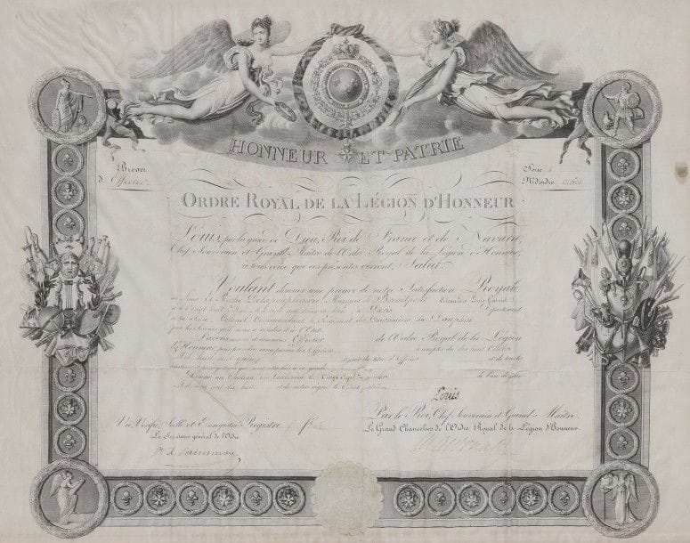 FRANCE 
ORDRE DE LA LÉGION D’HONNEUR, institué en 1802. 
Brevet d’officier d’époque Restauration au nom du marquis Le Riche de La Pouplinière. 
Sur vélin. 
Encadré sous verre. 
B.E. 