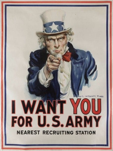 James Montgomery Flagg, d’après. 
« I want you for U.S. ARMY »
Grande affiche entoilée marquée « Copyright 1917 Leslie Judge Co, N.Y. »
99 x 75 cm
A.B.E. 
