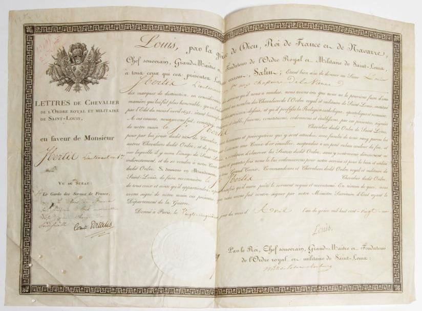 FRANCE 
ORDRE DE SAINT-LOUIS, institué en 1693. 
Brevet de chevalier de l’Ordre royal et militaire de Saint-Louis. 
Sur vélin, au nom de Louis IBERTIT, lieutenant en 1er aux chasseurs de la Vienne. 
En-tête et cachet sec aux Grandes Armes de France. Signatures « Louis », du comte Portalis et du ministre de la Guerre Latour Maubourg. 
Fait à Paris le 25 avril 1821. 
31 x 39 cm
A.B.E. 