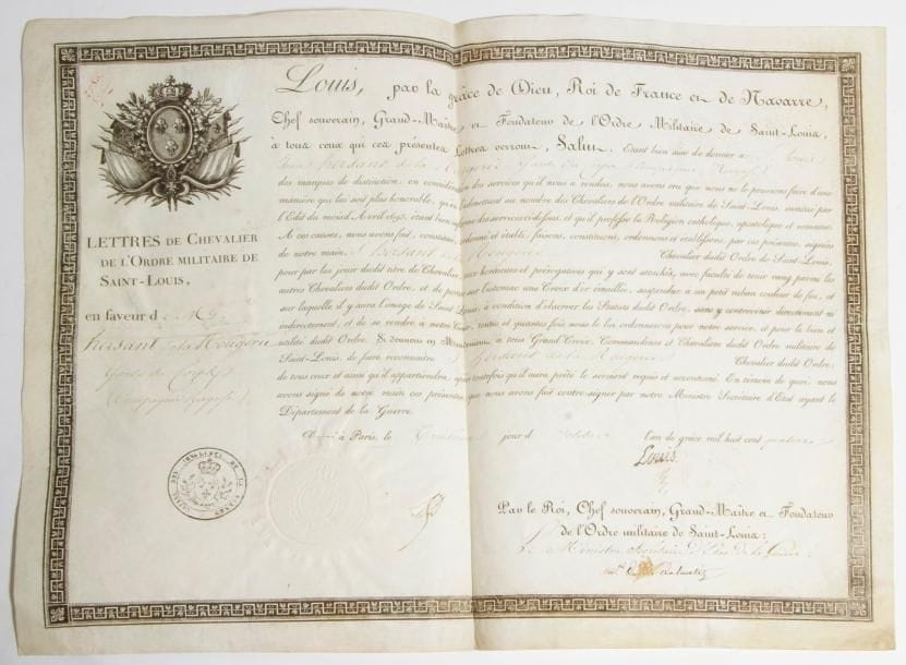 FRANCE 
ORDRE DE SAINT-LOUIS, institué en 1693. 
Brevet de chevalier de l’Ordre royal et militaire de Saint-Louis. 
Sur vélin, au nom de Jean HERSANT de la ROUGERIE, garde du corps du Roi (Compagnie Raguse). En-tête, cachets secs et à l’encre aux Grandes Armes de France. Signatures « Louis » et du ministre de la Guerre Soult, duc de Dalmatie. Fait à Paris le 3 octobre 1814.
31 x 40 cm
A.B.E. Époque Première Restauration.