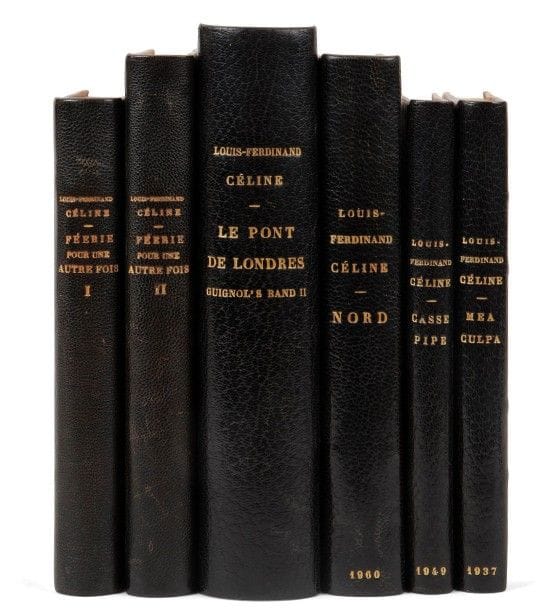 CÉLINE (Louis-Ferdinand).
Nord. Roman.
Paris : Gallimard, 1960. — In-8, 202 x 140 : 461 pp., (1 f.), couverture imprimée. Demi-maroquin noir, moitié des plats de papier bois, dos lisse, tête dorée, non rogné, couverture et dos conservés (L. Bergeron ?). Édition originale.
Un des 155 exemplaires sur vélin pur fil Lafuma-Navarre, seul grand papier après 45 sur vélin de Hollande.
Exemplaire très bien conservé malgré une très légère insolation sur le haut du premier plat.