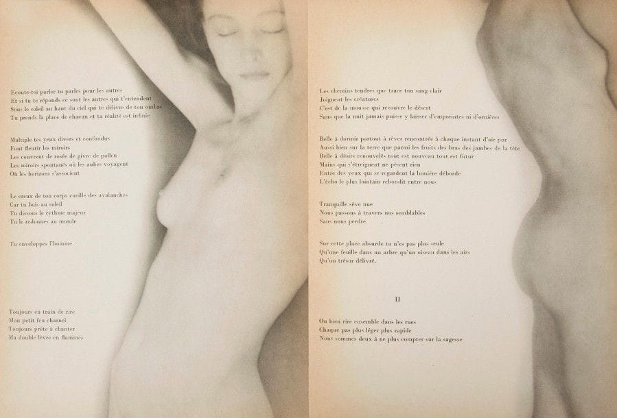 ÉLUARD (Paul) - MAN RAY.
Facile.
Paris : GLM, 1935. — In-8, 242 x 180 : (14 ff., 2 premiers et le dernier blancs), couverture illustrée. En feuilles, couverture rempliée, chemise et étui modernes. Édition originale de ce remarquable livre marquant la première collaboration d’Éluard et de Man Ray pour un ouvrage.
Il s’agit de l’une des plus belles publications composées par Guy Lévis Mano et l’un des plus beaux et des plus désirables livres illustrés par la photographie. Il comprend effectivement 12 remarquables photographies de Man Ray, reproduites en héliogravure, mettant en scène le très beau corps nu de Nusch Éluard, qui ont inspirées les 12 poèmes de Paul Éluard. Ces poèmes fêtent chacun la femme aimée et sont disposés de manière à ce que photos et textes forment une homogénéité parfaite.
La couverture comprend également une photographie de Man Ray évoquant la triple collaboration de l’ouvrage. Elle reprend en effet la composition de la page de titre mais avec les caractères en plomb choisis par Guy Lévis Mano. La photographie a été prise avec une lumière rasante, de telle façon que les caractères forment de hautes ombres en forme de créneaux.
Tirage à 1225 exemplaires, celui-ci étant l’un des 1200 sur vélin.
Infimes déchirures au dos, sans gravité.
