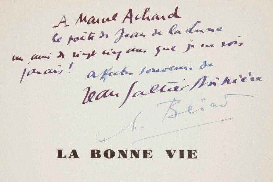 GALTIER-BOISSIÈRE (Jean).
La Bonne vie.
[Paris] : La bonne compagnie, [1944]. — In-8, 240 x 184 : frontispice, 215 pp., (4 ff. trois derniers blancs), 18 planches, couverture illustrée. Broché, couverture rempliée. Édition tirée à 1000 exemplaires, illustrée de 62 compositions en couleurs de CHRISTIAN BÉRARD (1902-1949), dont une sur la couverture, une en frontispice, 18 hors texte et 42 dans le texte, reproduites en phototypie par Duval et coloriées au pochoir par Beaufumé.
Un des 694 exemplaires sur beau vélin blanc, celui-ci enrichi d’un amical envoi autographe signé de l’auteur et contresigné par l’artiste, adressé à l’écrivain et auteur dramatique Marcel Achard (1899-1974).
Exemplaire très bien conservé.