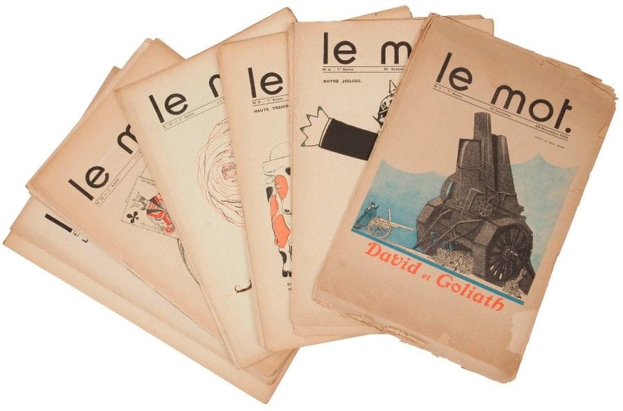 IRIBE (Jean) - COCTEAU (Jean)
Le Mot.
Paris, 28 novembre 1914 - 1er juillet 1915. — 20 fascicules in-folio. En feuilles ou agrafés. Collection complète de cette belle revue satirique et patriotique dirigée par Paul IRIBE en collaboration avec Jean COCTEAU.Elle comporte 20 numéros parus au début de la grande guerre du 28 novembre 1914 au 1er juillet 1915. Chaque numéro, comprenant de 2 à 6 feuillets, est illustré de compositions en noir et en couleurs de Paul Iribe, Jean Cocteau sous le pseudonyme de Jim, Raoul Dufy (n°10 et 13), Léon Bakst (n°18), Albert Gleizes ou André Lhote (n°20).
Déchirures à plusieurs numéros, la plupart marginales sauf pour les 3 premiers numéros qui sont très abîmés. Le premier présente des manques avec atteinte au texte et à l’illustration.