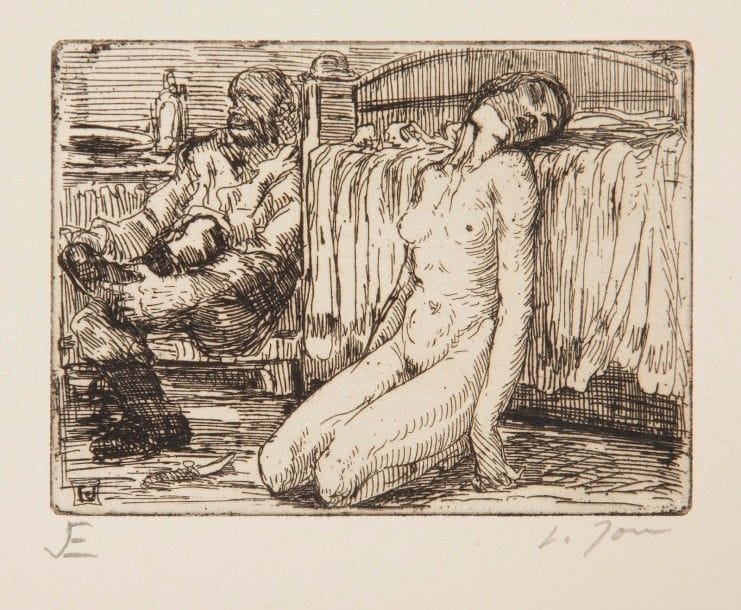 JOU (Louis).
Les Lâches.
[Paris : Le Prince, 1916]. — Album in-folio, 330 x 257 : (2 ff.), 12 planches, couverture illustrée. En feuilles, couverture rempliée, sous chemise cartonnée à dos et coins de toile grise. Cet album, introduit par une préface de Grillot de Givry, ne fut tiré qu’à 100 exemplaires. Il propose 12 eaux-fortes originales hors texte de Louis Jou, dont une répétée sur la couverture, qui sont autant d’illustrations destinées à dénoncer le viol des femmes perpétré par les soldats allemands durant la première guerre mondiale.
Exemplaire sur papier vélin fort. Les gravures portent la lettre E et la signature autographe de Louis Jou.
Chemise insolée et déchirée au dos avec manques. Les gravures et la couverture sont parfaitement conservées.