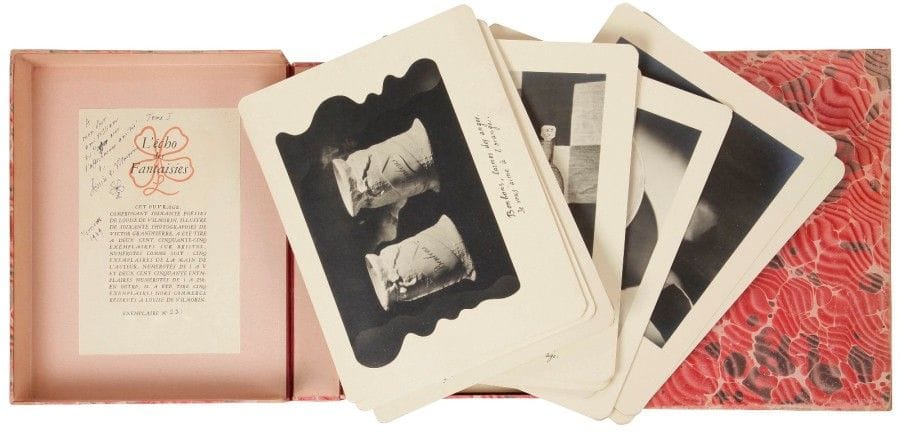 VILMORIN (Louise de) - GRANDPIERRE (Victor).
L’Écho des Fantaisies.
S.l., [1946]. — 2 volumes in-4, 270 x 208. En feuilles, sous deux étuis-boîtes de papier marbré de l’éditeur. Édition originale de ce recueil de 60 courtes poésies reproduites en fac-similé de l’écriture de l’auteur, chacune accompagnée d’une photographie en noir et blanc du décorateur et antiquaire Victor Grandpierre.
Les objets commentés de façon poétique par Louise de Vilmorin sont des bibelots choisis, réunis et photographiés par Grandpierre. Ils représentent des boîtes à bonbons, des objets en porcelaine, des flacons, etc.
Tirage à 260 exemplaires sur Bristol, celui-ci étant l’un des 250 numérotés de 1 à 250. 
Exemplaire enrichi d’un envoi autographe de l’auteur sur les 2 feuillets de justification collés à la doublure, adressé au diplomate William de Peyster, daté de Verrières-le-Buisson 1949.
Bon exemplaire malgré quelques usures aux charnières et aux coins des emboîtages.