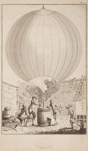 [FAUJAS DE SAINT-FOND (Barthélémy)].
Des ballons aérostatiques, de la manière de les construire, de les faire élever : avec quelques vues pour les rendre utiles. On y a joint l’Histoire de Ballons les plus singuliers, soit par la manière dont ils furent construits, soit par l’élévation où ils sont parvenus, & leur capacité.
Lausanne : J. p. Heubach & comp., 1784. — In-8, 194 x 120 : (1 f.), xxxv, 297 pp., 4 planches. Basane marbrée, dos à nerfs orné, tranches rouges (reliure de l’époque). Cette édition peu courante est une contrefaçon de l’ouvrage de Faujas de Saint-Fond publié en 1783 sous le titre Description des expériences de la machine aérostatique de MM. de Montgolfier, Et de celles auxquelles cette découverte a donné lieu. 
Même si des passages ont été retirés, elle contient des chapitres qui ne figuraient pas dans l’édition contrefaite, notamment la lettre de M. de Saussure du 15 novembre 1783 sur les procédés de MM. de Montgolfier, le ballon de Hermeau en Normandie, expérience du 9 octobre 1783, le ballon des Tuileries, expérience du 1er décembre 1783, le précis historique de la grande expérience faite à Lyon le 19 janvier 1784, etc.
L’édition est illustrée de 4 planches sur cuivre gravées de nouveau d’après celles de Sellier. Elles représentent quelques-unes des expériences décrites dans l’ouvrage.
Bon exemplaire en reliure de l’époque malgré une épidermure sur le premier plat et quelques petits frottements d’usage. Quelques feuillets brunis. Une note de l’époque a été ajoutée dans la marge inférieure de la page 15.
Provenance : J. Gaspart à Lisbonne, avec cachet à froid sur les planches.