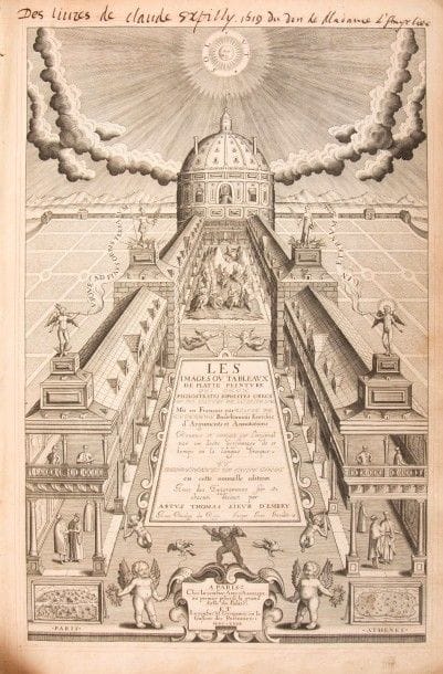 PHILOSTRATE DE LEMNOS - PHILOSTRATUS SOPHISTES.
Les Images ou tableaux de platte peinture des deux Philostrates sophistes grecs et les statues de Callistrate.
Paris : Veuve Abel l’Angelier, veuve M. Guillemot, 1614-1615. — In-folio, titre-frontispice, (8 ff.), 925 pp. mal chiffrées 921, (24 ff. dernier blanc). Veau havane, triple filet doré en encadrement sur les plats, dos à nerfs orné, tranches dorées (reliure de l’époque). UN DES PLUS BEAUX LIVRES ILLUSTRÉS DU XVIIe SIÈCLE.
L’édition est dédiée par Françoise de Louvain, veuve d’Abel l’Angelier, à Henry de Bourbon, prince de Condé et comprend une riche illustration gravée en taille-douce, c’est-à-dire un titre-frontispice, un bandeau en tête de l’épître, 2 vignettes dans le texte montrant des instruments de musique et 68 compositions à pleine page, soit 65 pour les Images et 3 pour la Suite, les Héroïques et les Statues.
C’est en 1597 qu’Abel l’Angelier (1574-1610), ami du traducteur Blaise de Vigenère (1523-1596), publia pour la première fois les Tableaux des deux Philostrate. En 1609 il eut le projet de proposer une édition nouvelle, sous une forme différente, avec un texte révisé sur l’originale grecque par Fédéric Morel et des planches gravées en taille-douce accompagnées d’épigrammes composées par Artus Thomas et destinées à résumer le sens moral des figures. Il s’associa pour ce faire avec son confrère Mathieu Guillemot (15..-1610) mais tous les deux disparurent avant la fin du projet qui fut mené à bien par leurs épouses, Françoise de Louvain (1540-1620) et Anne Sauvage (15..-1635?). L’impression fut achevée le 2 janvier 1614.
Le frontispice a été gravé par Jaspar Isaac et représente le séjour des dieux dans l’Olympe. Les 68 compositions à pleine page sont dues à plusieurs artistes dont Antoine Caron, gravées notamment par Jaspar Isaac, Thomas de Leu et Léonard Gaultier.
Les 3 planches que l’on trouve dans la seconde partie de l’ouvrage ont été ajoutées par l’éditeur et ne sont pas présent