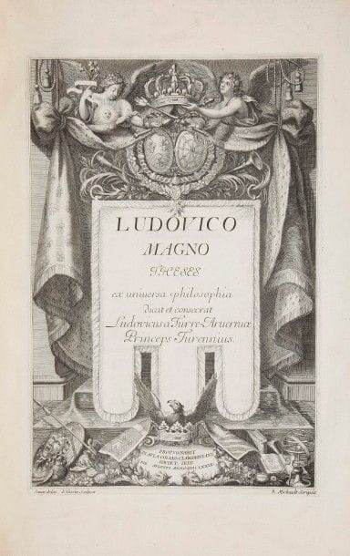 [THÈSE] LA TOUR D’AUVERGNE (Louis Charles de).
Ludovico magno theses ex universa philosophia.
S.l., 1679. — In-folio, 500 x 338 : (10 ff. premier et dernier blancs). Broché. Guilmard, Les ornemanistes français, I, 87. - Inventaire du Fonds français, III, p. 172, 98-111.
Très rare exemplaire de la thèse de philosophie soutenue au collège de Clermont par Louis-Charles de La Tour d’Auvergne (1665-1692).
Ce dernier, Grand Chambellan de France et neveu de Turenne, n’avait que 14 lorsqu’il présenta ce qui en réalité est une forme d’exercice de rhétorique. L’édition fut tout à fait confidentielle, imprimée pour le seul usage des proches du candidat.Au XVIIe siècle, ces thèses étaient un prétexte à des publications luxueuses auxquelles participaient des peintres, des graveurs et des calligraphes de renom. Ainsi les rares exemplaires de ces thèses qui nous sont parvenus comportent une riche ornementation consistant essentiellement en encadrement autour du texte.
Cette édition de la thèse de La Tour d’Auvergne fait sans conteste partie des plus belles qui ait été réalisées à l’époque. Elle offre une décoration remarquable et à chaque fois différente. Entièrement gravée, elle se compose d’une page de titre comprenant notamment un long drap fleurdelisé soutenant les emblèmes royaux, signée par Pierre-Paul Sevin (1650-1710) pour le dessin, Louis Cossin (1627-1704) pour la gravure et René Michault pour la calligraphie. Au verso se trouve la dédicace au roi Louis XIV. À la suite figurent le portrait du roi en médaillon dans une vaste composition allégorique par Louis Cossin puis 12 planches avec encadrements autour du texte gravé, composés sur les côtés de cartouches ornés d’emblèmes ou d’écussons, sur le bas d’un cartouche central avec texte gravé entouré de personnages symboliques, et sur le haut de scènes historiques. La dernière planche est la seule signée : « P. Sevin in et del. ».
Guilmard et l’Inventaire du Fonds français attribuent ces 14 planches à Cossi