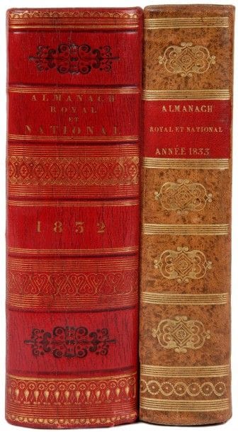 [ALMANACH].
ALMANACH ROYAL ET NATIONAL, pour l’an M. DCCC. XXXII, présenté à sa majesté et aux princes et princesses de la famille royale.
Paris : A. Guyot et Scribe, 1832. — In-8, 208 x 121 : 878 pp. mal chiffrées 678, pp. 875bis-878bis, pp. 879-996, (2 ff.). Maroquin rouge, filet et roulette dorés en encadrement sur les plats, dos lisse orné, filets dorés intérieurs, tranches dorées (reliure de l’époque). Bon exemplaire en maroquin rouge de l’époque. Le titre comporte le cachet de la bibliothèque de la cour, répété au dernier feuillet.
Quelques frottements et traces d’usage sur les plats, sans gravité. Petit coup à la coiffe inférieure, coins légèrement émoussés. Rousseurs éparses, pages 57 à 62 rapportées.
On joint :
- ALMANACH ROYAL ET NATIONAL, pour l’an M. DCCC. XXXIII, présenté à sa majesté et aux princes et princesses de la famille royale. Paris : A. Guyot et Scribe, 1833. — In-8, 208 x 121 : (2 ff.), 984 pp., (2 ff.), 4 pp. Basane racinée, dos lisse orné, tranches marbrées (reliure de l’époque).
Exemplaire portant la signature de La Tour Maubourg sur le faux titre. Un des possesseurs a indiqué qu’il s’agit de la signature de l’ambassadeur et homme politique Rodolphe de Faÿ de La Tour-Maubourg (1787-1871) mais il pourrait également s’agir du diplomate et parlementaire Florimond de Faÿ de La Tour Maubourg (1781-1837).Quelques coups sur le bord des plats, un coin frotté.
