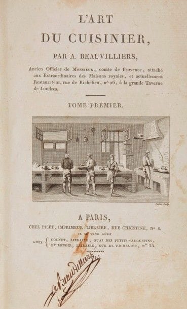 BEAUVILLIERS (Antoine).
L’Art du cuisinier.
Paris : Pilet, Colnet, Lenoir, 1814. — 2 volumes in-8, 213 x 132 : xij, 388 pp., 3 planches ; (2 ff.), 376 pp., 6 planches. Cartonnage papier crème à la bradel de l’époque, dos lisse, non rogné, étui bordé de veau beige moderne. Vicaire, 78.
ÉDITION ORIGINALE de l’un des meilleurs ouvrages anciens sur l’art culinaire, devenu à juste titre l’un des classiques de la littérature gastronomique.
Dédié au marquis de La Voppalière, il fut composé par le restaurateur Antoine Beauvilliers (1754-1817), ancien officier du comte de Provence, qui créa le premier restaurant de luxe situé rue de Richelieu : La grande taverne de Londres. Traitant de la cuisine, de l’ordonnance des mets et du service, il comprend plusieurs centaines de recettes parfaitement décrites.
« J’ai recueilli les méthodes des plus grands maîtres ; je ne me suis permis d’exposer des vues d’amélioration, qu’après les avoir long-temps vérifiées, et j’ai pris soin de développer les détails nécessaires pour former un système complet. Je n’ai pas oublié les moyens économiques, soit pour la manipulation, soit pour la conservation des alimens. Les hommes opulens peuvent apprendre dans mon Ouvrage comment ils doivent tirer parti du produit de leur jardin, de leur basse-cour et de leur chasse ; comment ils peuvent, sans beaucoup de frais, avoir des mets exquis, et trouver tout à-la-fois plaisir et santé » (pp. v-vj).
L’édition est illustrée de deux vignettes sur les titres, dessinées par Desmarais et gravées sur cuivre par Jubin figurant des intérieurs de cuisine. Elle comprend également 9 planches dépliantes représentant des plans de table.
Rare exemplaire à toutes marges, dans son cartonnage d’origine. On trouve comme il se doit la signature autographe de l’auteur, ici sur la première page de titre, ainsi que le timbre à sec à ses initiales.
Charnières, coiffes et coins habilement restaurés. Quelques usures et frottements. Rousseurs éparses, petites