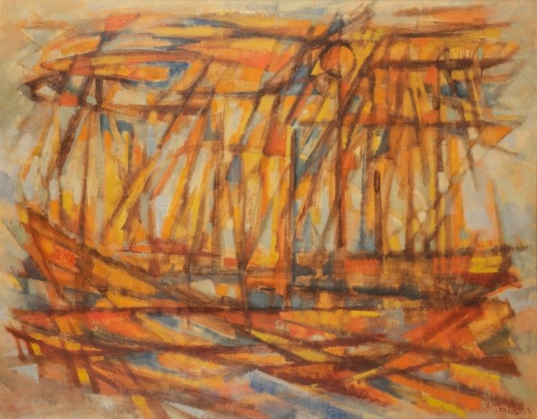 Jean CLERTE (né en 1930)
Soleil sur le Bulentaure, 1958
Huile sur toile.
Signée et datée en bas à droite.
Signée, datée et titrée au dos sur le châssis.
89 x 116 cm