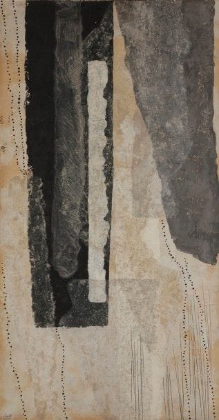 Michelangelo CONTE [italien] (1913-1996)
Sospeso, 1958
Huile et gouache sur papier monté sur panneau.
Signée et datée en bas à gauche.
Signée, datée, titrée et située au dos.
71 x 37 cm
Provenance : 
Galleria della Salita, Rome.