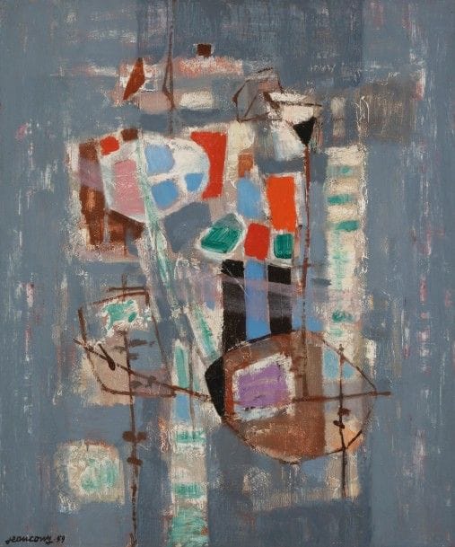 Jean François A. COUY (1910-1983)
Chant joyeux, 1959
Huile sur toile.
Signée et datée en bas à gauche.
Datée et titrée au dos sur le châssis.
(Petits manques).
65 x 54 cm