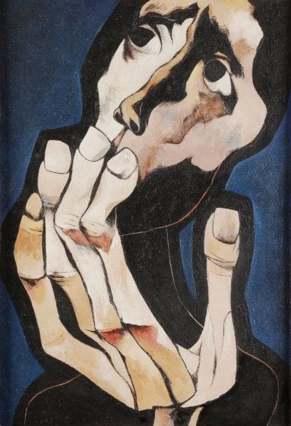 ÉCOLE SUD AMÉRICAINE
Homme apeuré
Huile sur Isorel.
54 x 36.5 cm