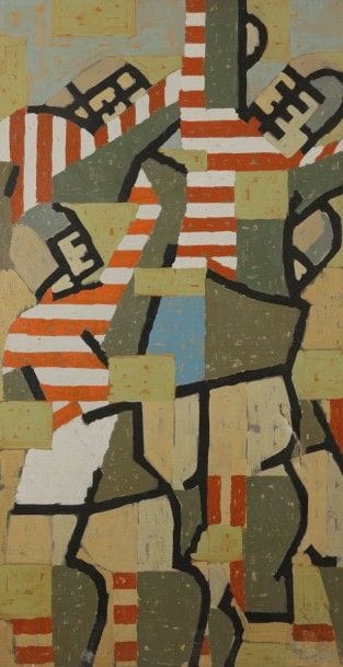 André FILDIER (? - 2001)
Les Toits, 1959
Huile sur toile.
Signée en bas à droite.
(Déchirures).
89 x 171 cm
Exposition : 
Salon des Indépendants, Paris, 1959, section Cubiste et Néo-cubiste.