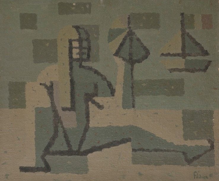 André FILDIER (? - 2001)
Baigneur sur la plage, vers 1962
Huile sur toile.
Signée en bas à droite.
55 x 46 cm
