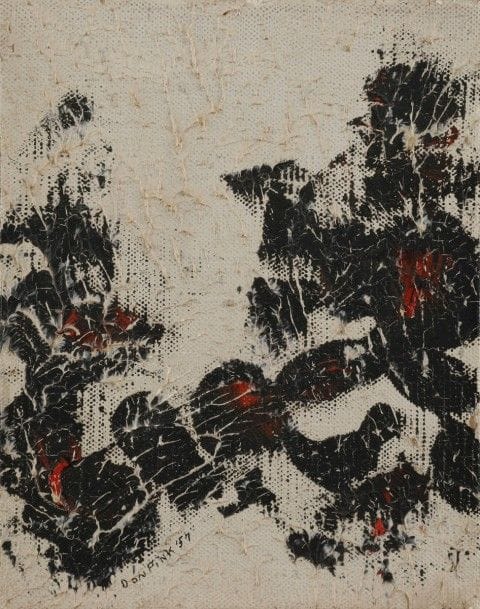 Don FINK [américain] (né en 1923)
Composition, 1957
Huile sur toile.
Signée et datée en bas à gauche.
Signée et datée au dos sur le châssis.
18 x 14 cm
