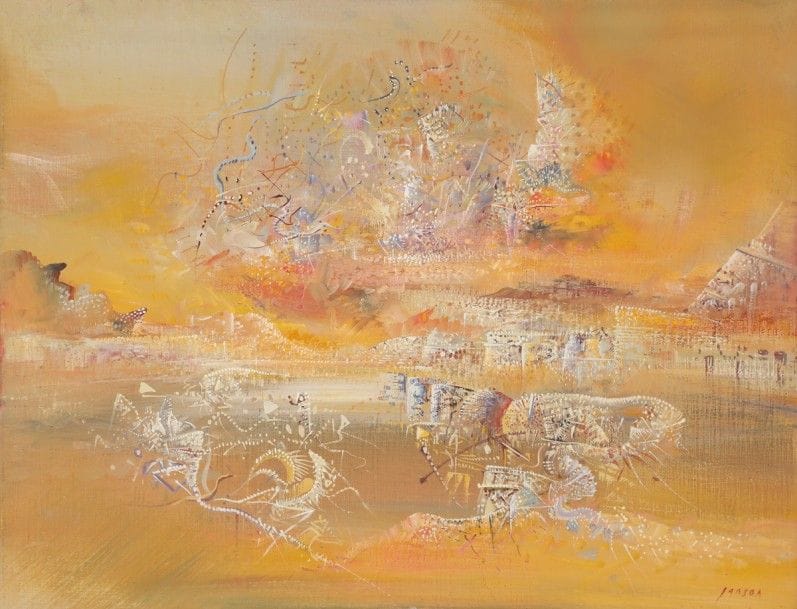 Marc JANSON (né en 1930)
Le Feu qui danse, 1984
Huile sur toile.
Signée en bas à droite.
Signée, datée et titrée au dos.
27 x 35 cm