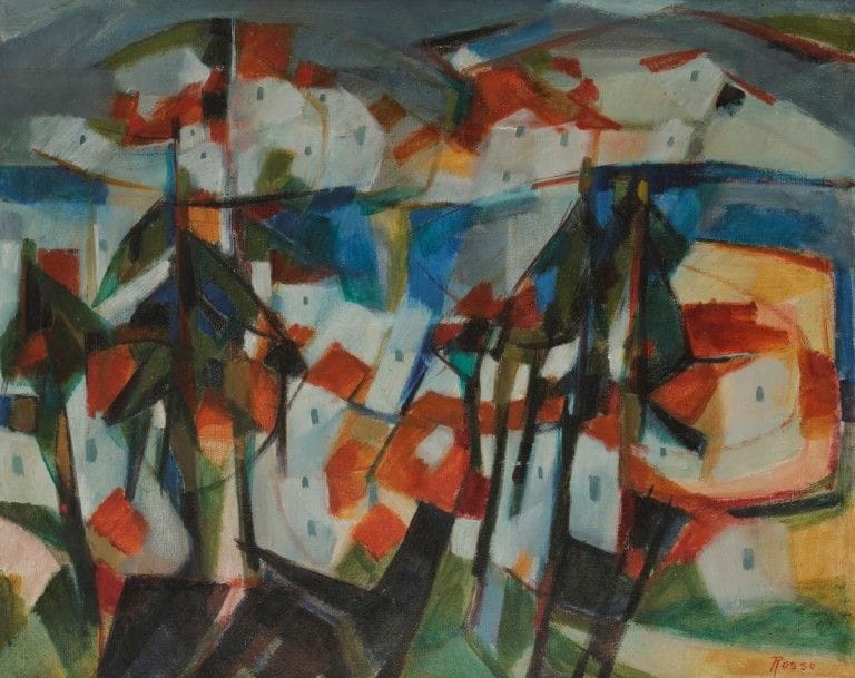 Elianne ROSSO (1928-1994)
La Ville
Huile sur toile.
Signée en bas à droite.
68 x 84 cm