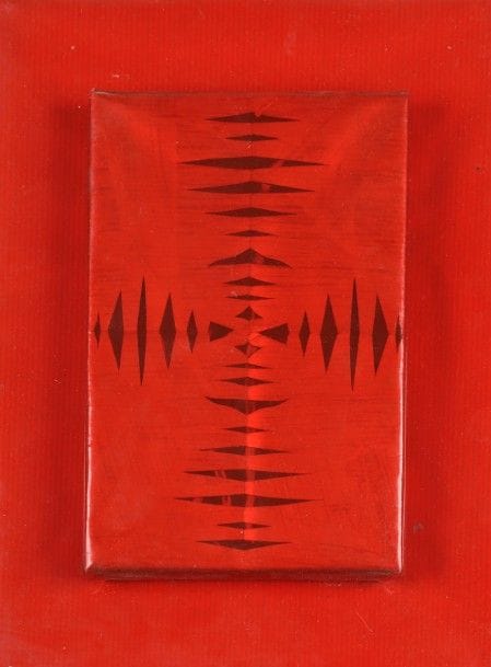Bernar VENET (né en 1941)
Tu-Tut-Pouet-Pouet, 1965
Papier découpé sur panneau sous film rouge.
Signé, daté et titré au dos.
27 x 19 cm