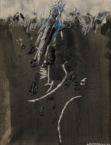 Jean-Pierre VIELFAURE (né en 1930)
La Vie antérieure, 1957
Huile sur toile.
Signée et datée en bas à droite.
Signée, datée et titrée au dos.
35 x 27 cm