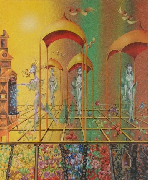 Roberto GARCIA YORK (1929-2005)
Fontaine et naïades, 1966
Huile sur toile.
Monogrammée en bas à droite.
Signée, datée et titrée au dos.
73 x 60 cm