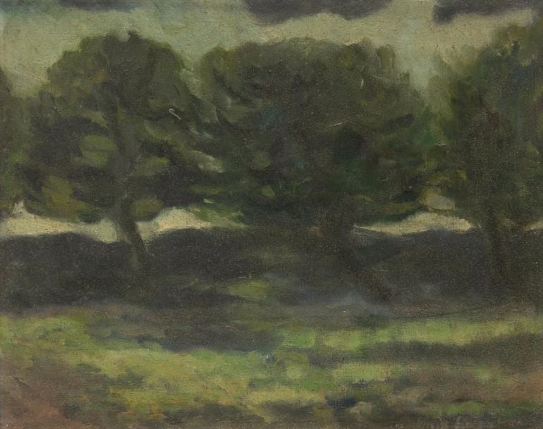 David AZUZ [israélien] (né en 1942) 
Paysage aux arbres, 1965 
Huile sur toile. 
Signée en bas à droite. 
19 x 24 cm