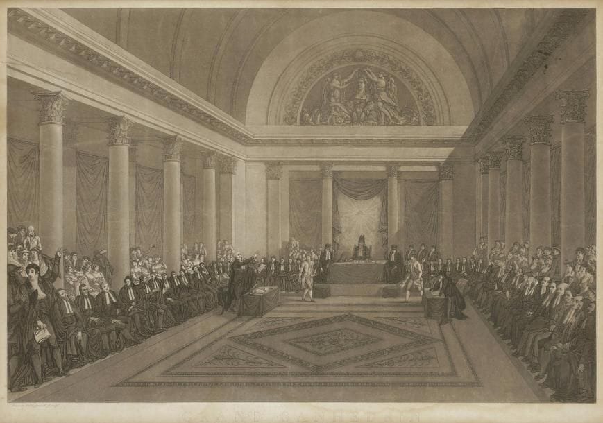 Michel-François DAMANE DE MARTRAY (1763-1828) 
Grand Sanhédrin des Israélites de l’Empire français & du royaume d’Italie convoqué à Paris par ordre de Napoléon le Grand assemblé pour la première fois le 9 février 1807. 
Gravure originale (Damane de Martray delineavit et sculpsit) à l’eau-forte et à l’aquatinte sur papier. Les textes sont gravés par Beaublé (restaurations visibles à l’angle inférieur droit, traces de plis et de déchirures en bas et à droite atteignant le sujet, non décadrée). 
Gravure peu commune représentant Sintzheim présidant l’assemblée, à laquelle assistent, dans les travées latérales, de nombreuses femmes. Damane de Martray, élève de David, est par ailleurs l’auteur d’un portrait de Sintzheim gravé en couleurs par Prud’hon. 
Marge inférieure coupée avec manque de texte 
48 x 67,5 cm