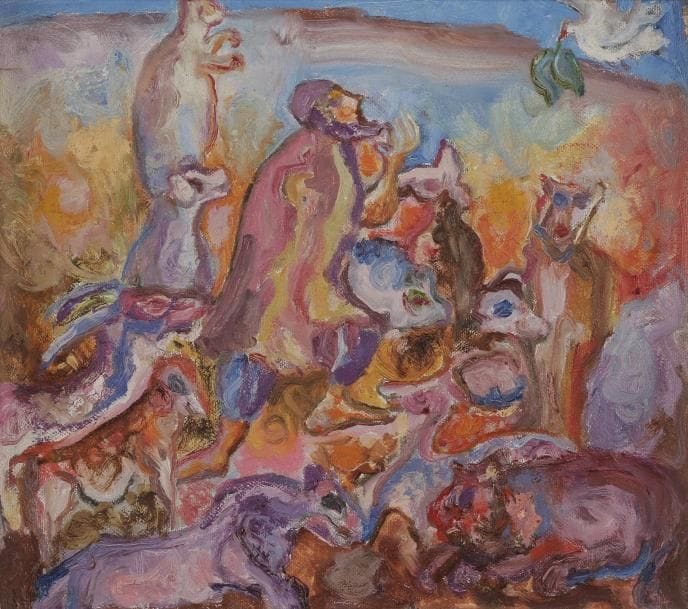 ÉCOLE MODERNE
La Fin du déluge 
Huile sur toile. 
Non signée. 
24 x 27 cm