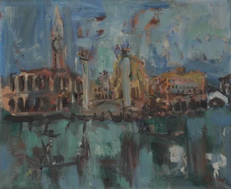 Isaac FRENKEL dit FRENEL (1899-1981) 
Venise, 1959
Huile sur toile. 
Signée en bas à droite. 
Signée, datée et titrée au dos sur le châssis. 
46 x 55 cm