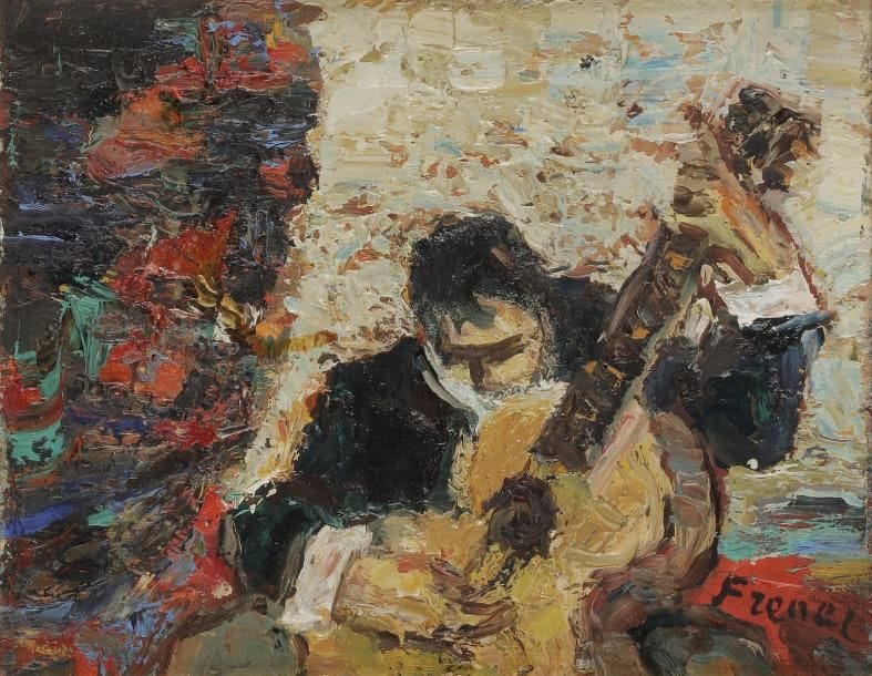 Isaac FRENKEL dit FRENEL (1899-1981) 
Le Guitariste 
Huile sur toile. 
Signée en bas à droite. 
19 x 24 cm