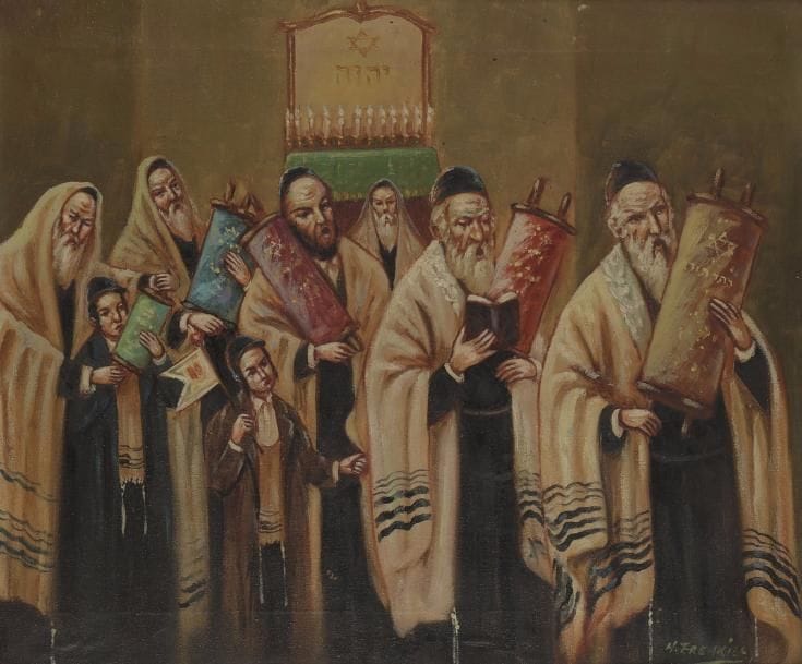 Héléna FRENKIEL (1900-1942) 
à la synagogue
Huile sur toile. 
Signée en bas à droite. 
(Restaurations).
38 x 46 cm