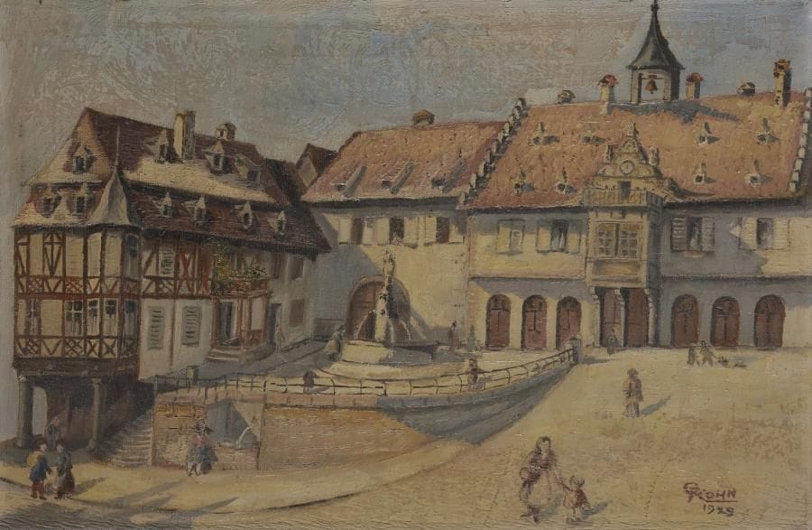 Georges KOHN (1874-?)
Place de l’hôtel de ville
Huile sur toile.
Signée en bas à droite et datée 1929.
27 x 41 cm

Vue animée de la place de l’hôtel de ville de Barr en Alsace.