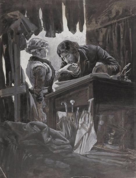 Édouard LOEVY (1857-1911) 
La Main de la jeune fille 
Gouache et grattage sur papier Gillot. 
Signée et datée en bas à gauche. 
27 x 20,5 cm 
(Manque un coin et pliure en bas à gauche).

Gouache originale pour le récit intitulé Rédemption, Sacher Masoch, Contes Juifs. Maison Quentin, Paris, 1888, p. 183.