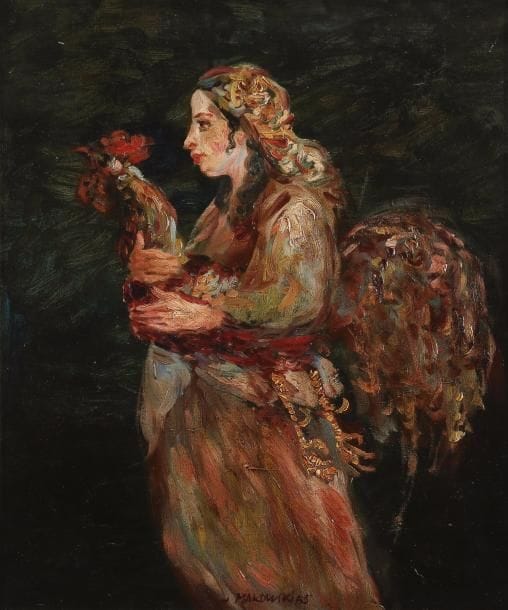 Théodore MAKOWSKI (1890-1971) 
La Kaparah (femme au coq), 1965
Huile sur toile. 
Signée en bas au milieu. 
55 x 46 cm
