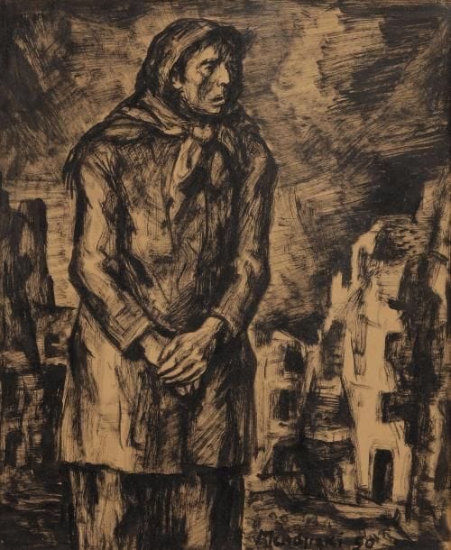 Maurice MENDJIZKY (1890-1951) 
Femme au fichu, ghetto de Varsovie, 1950 
Dessin à l’encre. 
Signé et daté en bas à droite. 
27 x 21 cm