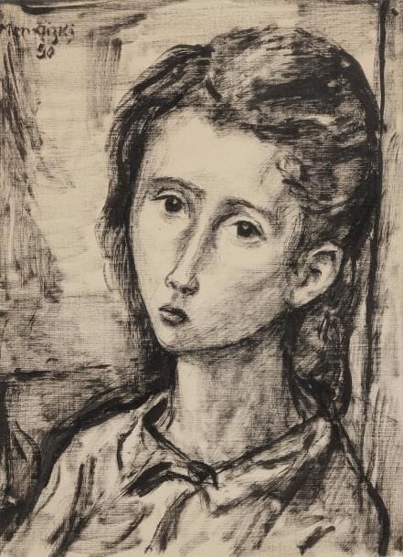 Maurice MENDJIZKY (1890-1951) 
Portrait de jeune femme, 1950 
Dessin à l’encre. 
Signé et daté en haut à gauche. 
24,5 x 18 cm
