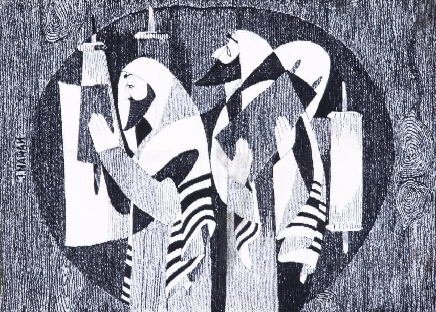 José NATHAN (né en 1920) 
Torah I 
Tapisserie en laine en noir et blanc. 
Signée sur le côté à gauche. 
Taches. 
115 x 155 cm

Les tapisseries sur le thème juif sont particulièrement rares.