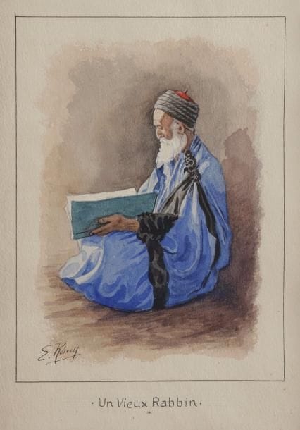 Émile REMY (1875-1944) 
Un Vieux rabbin 
Aquarelle sur papier. 
Signée en bas à gauche. 
17 x 13 cm 

Émile Rémy, dessinateur scientifique, a notamment travaillé pour Metchnikoff et Roux. Le sujet de cette aquarelle reprend un cliché photographique de Neurdein.