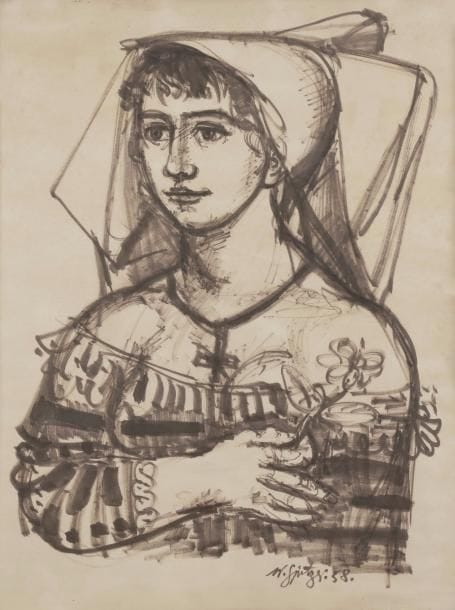 Walter SPITZER (né en 1927) 
Femme à la fleur, 1958
Dessin à l’encre.
Signé en bas à droite. 
65 x 50 cm