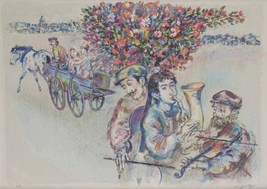 Walter SPITZER (né en 1927) 
Klezmerim et shtetl
Lithographie couleur. 
Signée en bas à droite et justifiée épreuve d’artiste. 
55 x 75 cm (à vue)