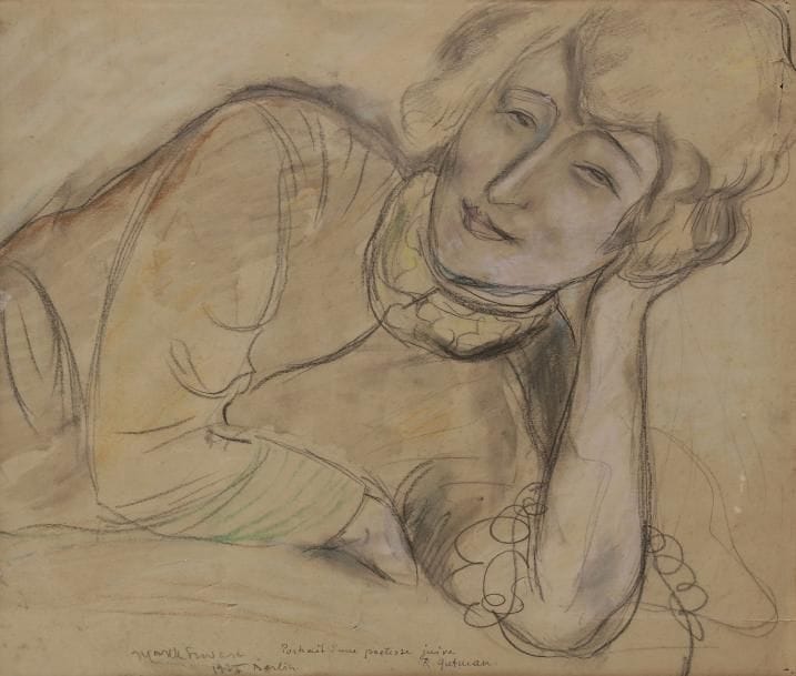 Marek SZWARC (1892-1958) 
Portrait d’une poétesse juive, R. Gutman, Berlin, 1925 
Technique mixte sur papier. 
Signé, daté, situé et dédicacé vers le bas. 
32 x 37 cm
